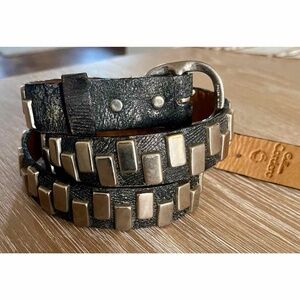 Antique black Calleen Cordero leather belt with nickel studs. Size 34
